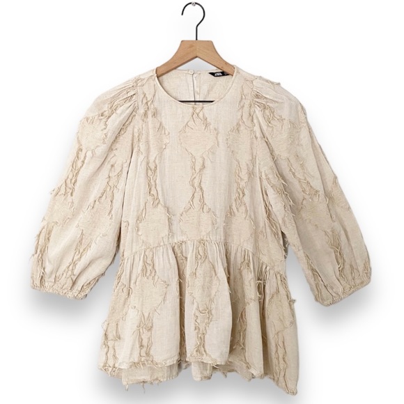 Zara Tops - Zara Textured Voluminous Blouse Fringe Balloon Puff Sleeves Natural Beige Small